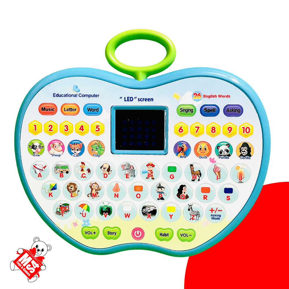 Educational Computer Toy | Apple Shaped Tablet - LED Display and Fun Music Learning Alphabets, Numbers, Words, Animals and Story