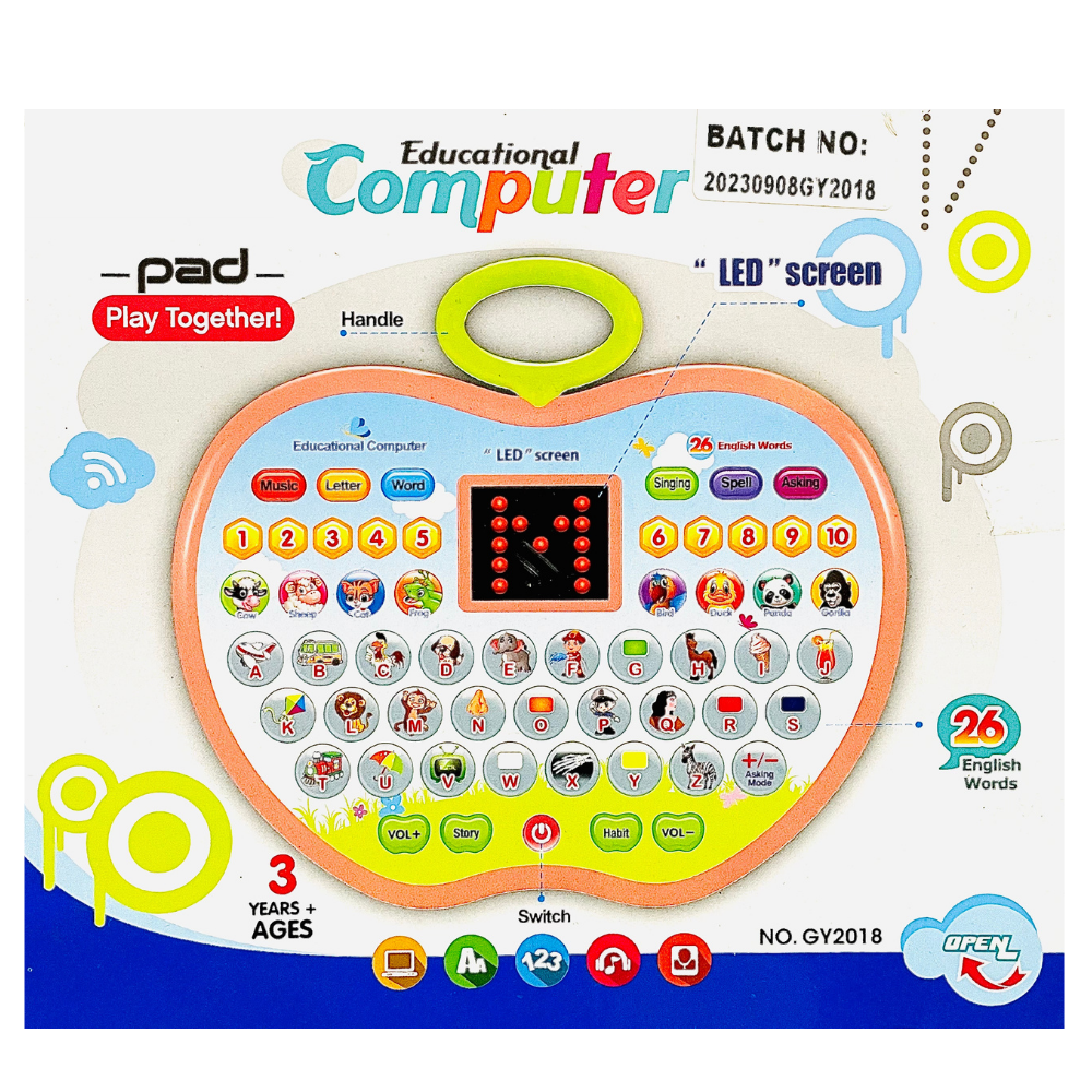 Educational Computer Toy | Apple Shaped Tablet - LED Display and Fun Music Learning Alphabets, Numbers, Words, Animals and Story