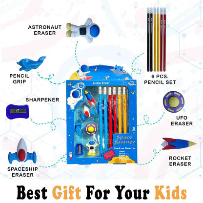 Space Stationary Gift Set for Kids | Stationery Kit Includes 6 Pencils, 4 Erasers, 1 Sharpener, 1 Ruler Bookmark, 1 Pencil Cap Stationary Set for Kids, Return Gifts for Kids