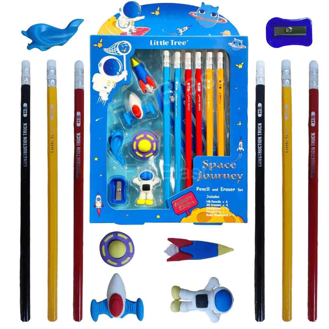 Space Stationary Gift Set for Kids | Stationery Kit Includes 6 Pencils, 4 Erasers, 1 Sharpener, 1 Ruler Bookmark, 1 Pencil Cap Stationary Set for Kids, Return Gifts for Kids