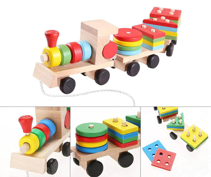 Wooden Train Shape Sorter and Stacking Set | Colourful Train Move Shapes Educational Kids