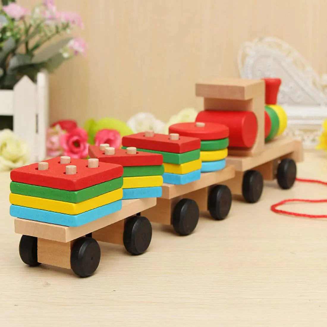 Wooden Train Shape Sorter and Stacking Set | Colourful Train Move Shapes Educational Kids