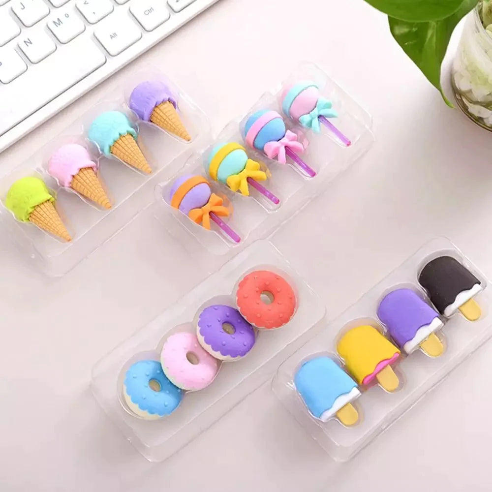 Pack of 4 Dessert Erasers Set | Rubber Pencil Eraser for Kids School Students (Assorted) | Assembly Sets DIY Erasers Fun Kids